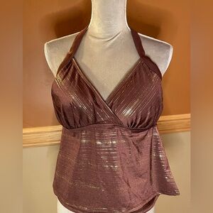 Brown with gold detail, halter tankini top